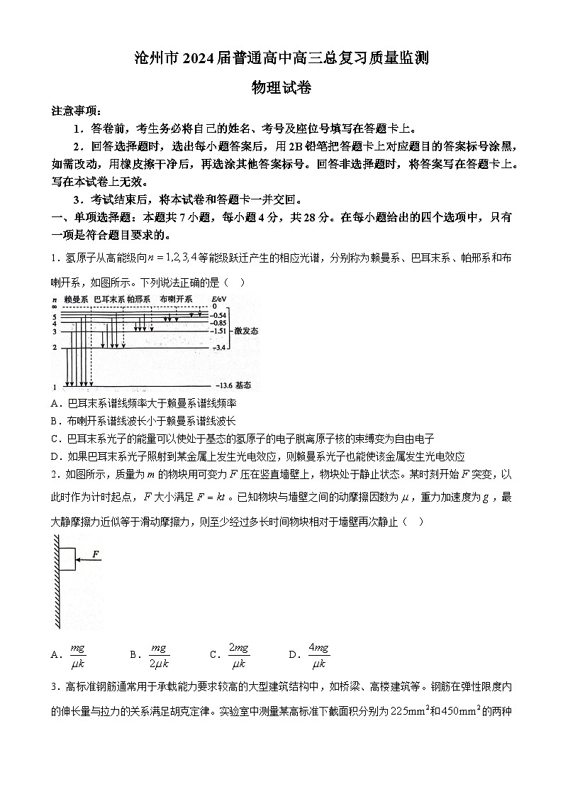 2024届河北省市沧州市高三下学期复习质量检测(二模)物理试题01