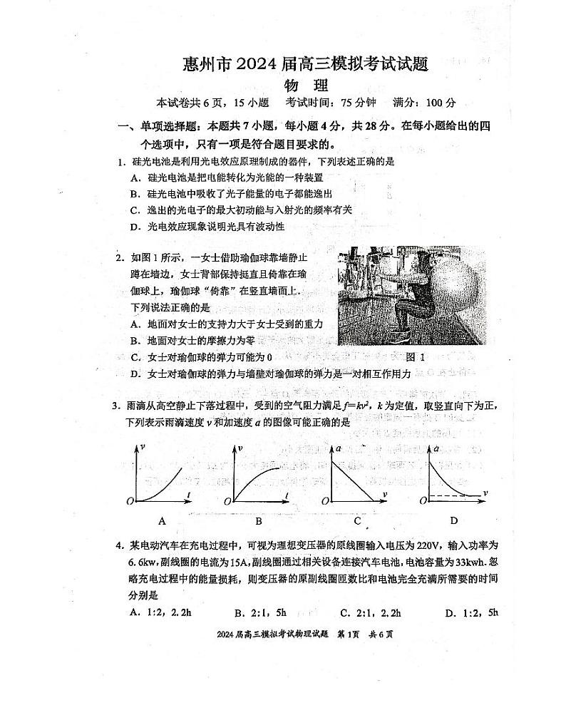 2024届广东省惠州市高三下学期一模拟考试物理试题第1页