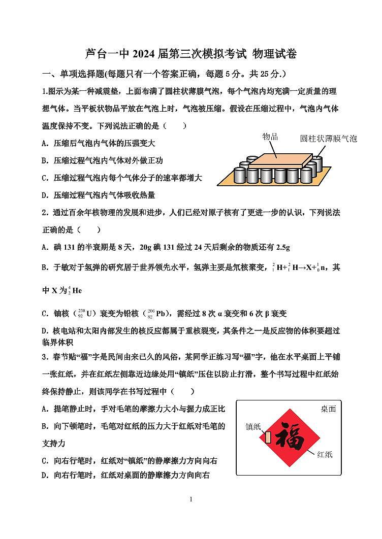 2024屆天津市寧河區(qū)蘆臺(tái)第一中學(xué)高三下學(xué)期二模物理試題第1頁(yè)