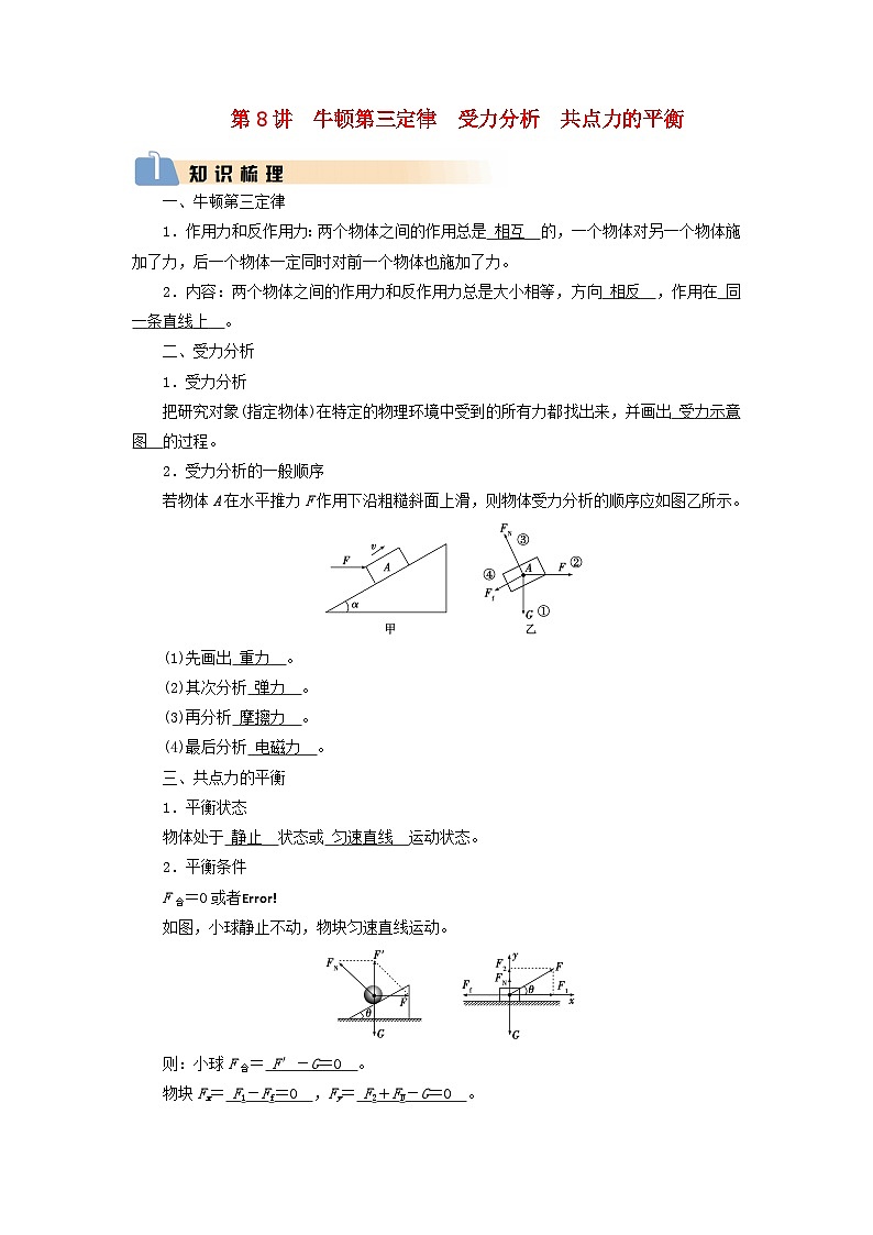 2025版高考物理一轮总复习知识梳理&易错辨析教案第2章相互作用第8讲牛顿第三定律受力分析共点力的平衡01