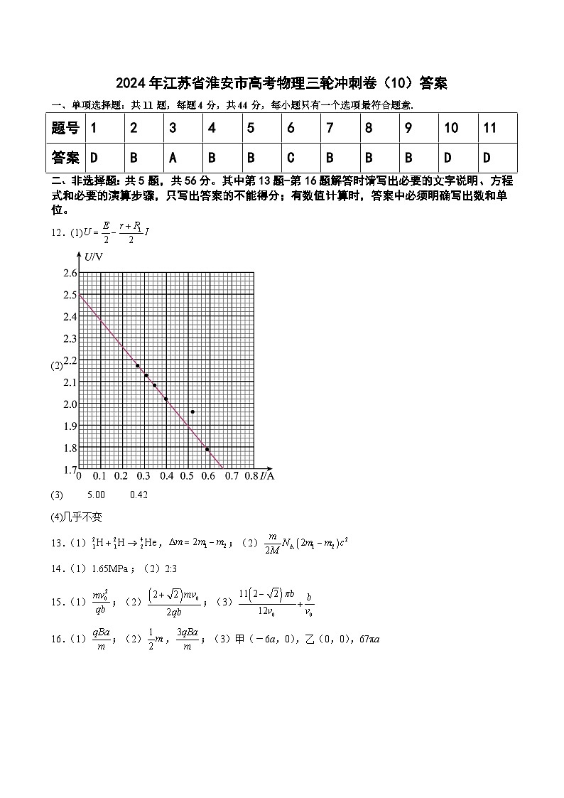 2024年江苏省淮安市高考物理三轮冲刺卷(10)答案第1页