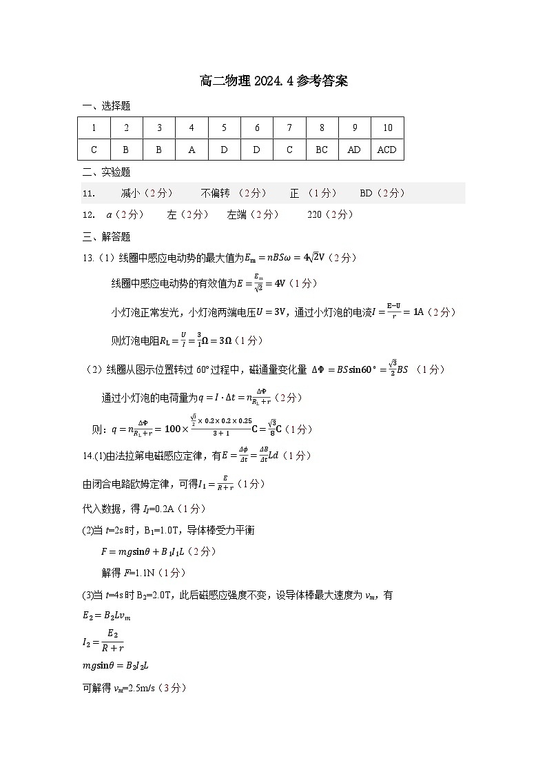 2024.4高二物理答案第1頁