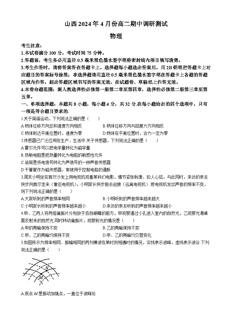山西省運城市2023-2024學年高二下學期期中物理試題第1頁