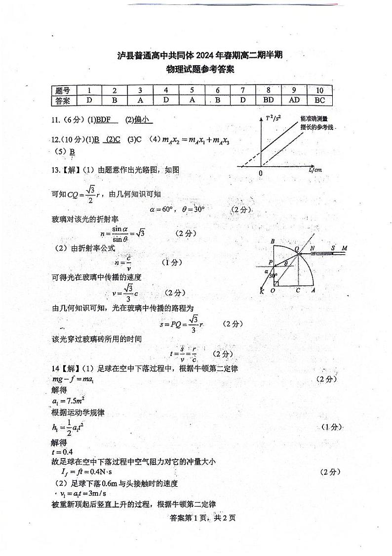 四川省泸州市泸县2023-2024学年高二下学期4月期中物理试题01