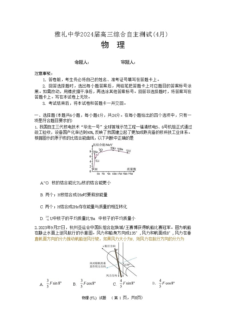 2024届湖南省长沙市雅礼中学高三下学期4月综合测试  物理  (Word版)01