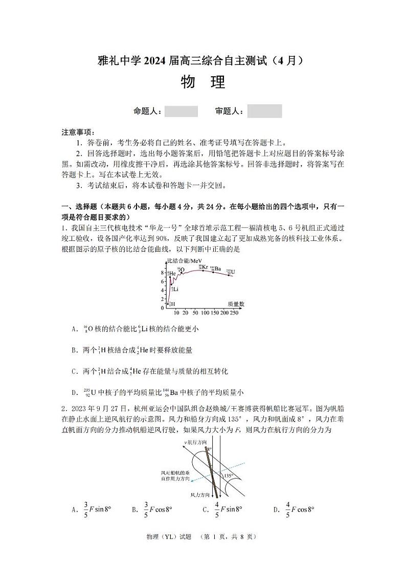 2024长沙雅礼中学高三下学期4月综合测试物理PDF版含答案01