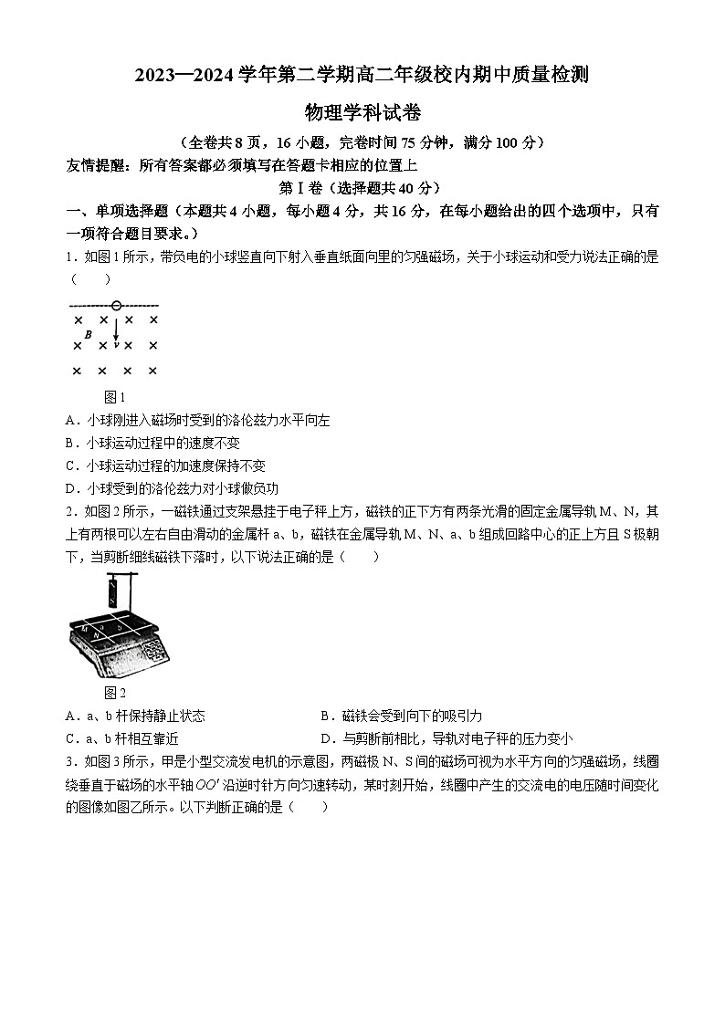 福建省福州市福清市2023-2024学年高二下学期期中考试物理试题01