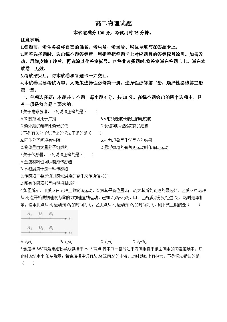 山西省部分名校2023-2024学年高二下学期期中教学质量检测物理试题第1页