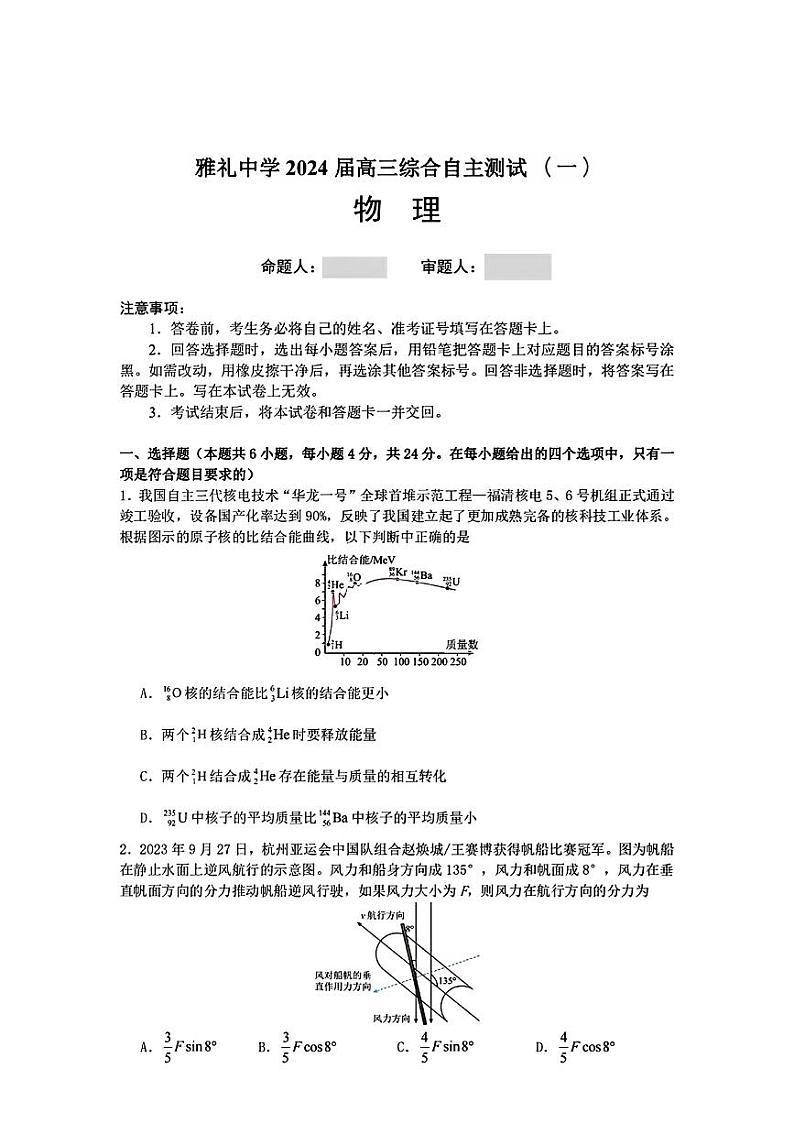 2024届湖南省长沙市雅礼中学高三下学期综合自主测试(一模)物理试题第1页