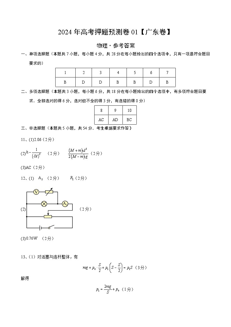 2024年高考押题预测卷—物理(广东卷)(参考答案)第1页