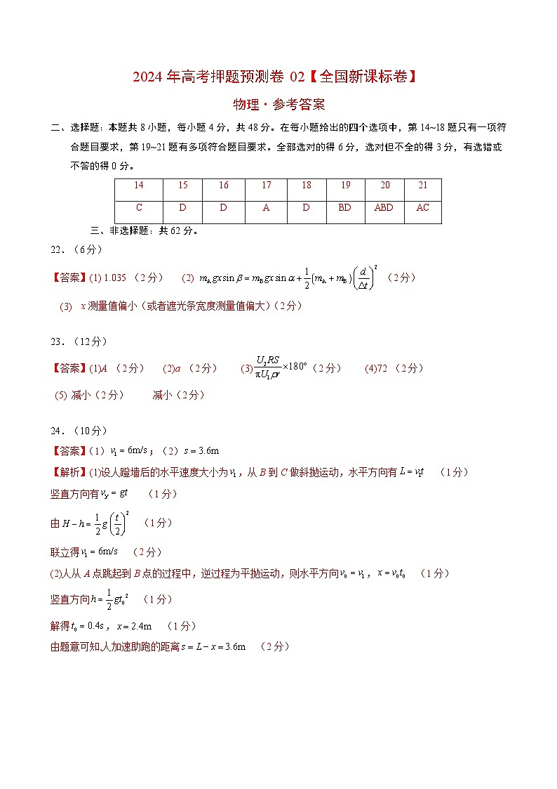 2024年高考押题预测卷—物理(全国新课标卷02)(参考答案)01
