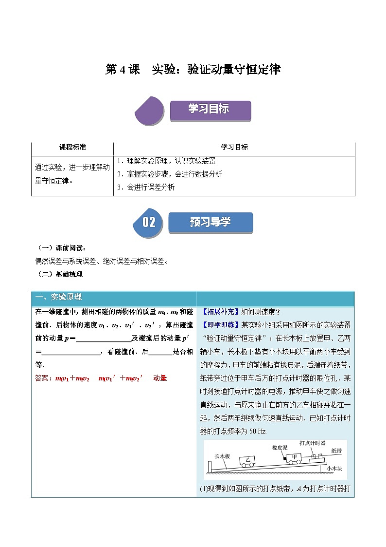 人教版高中物理(选择性必修一)同步讲义+练习1.4 实验:验证动量守恒定律(含解析)第1页