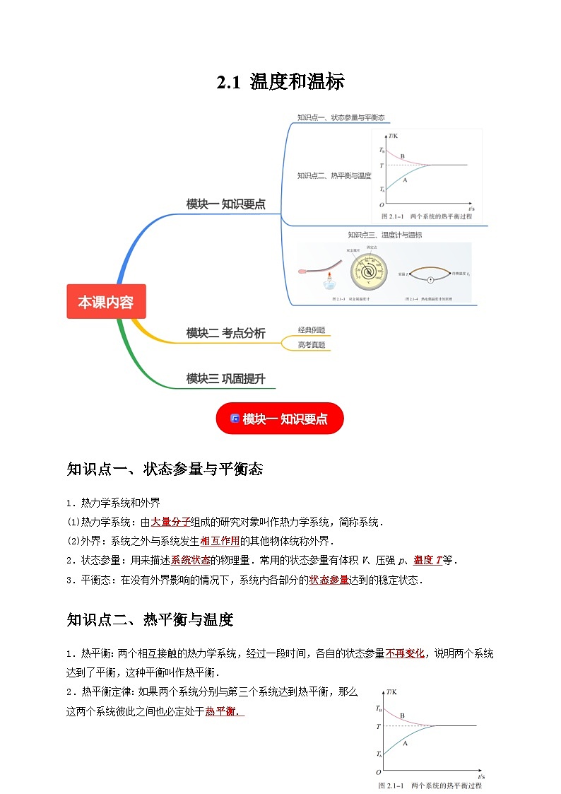 人教版高中物理(选择性必修三)同步讲义+练习2.1温度和温标(含解析)01