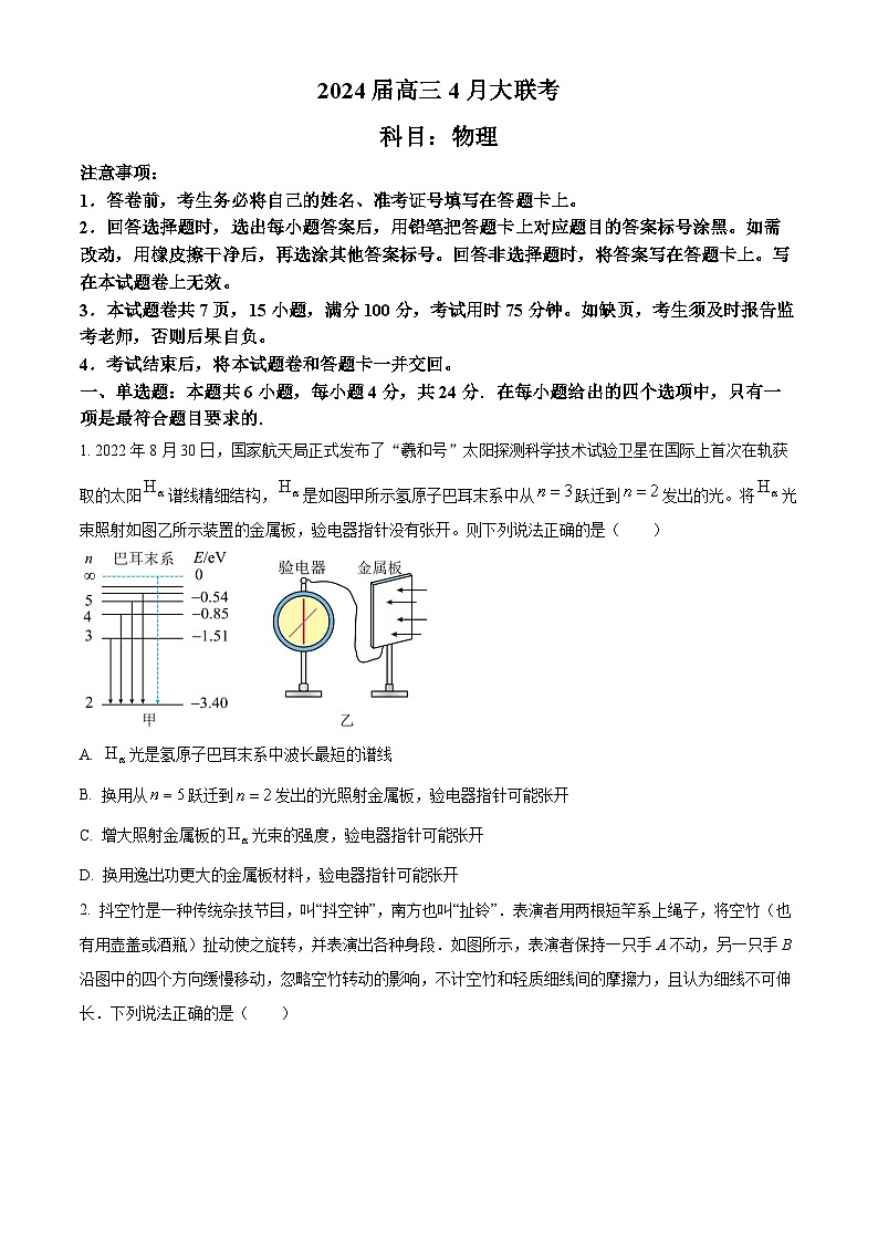 2024湖南省多校高三下学期4月大联考物理试题含解析01