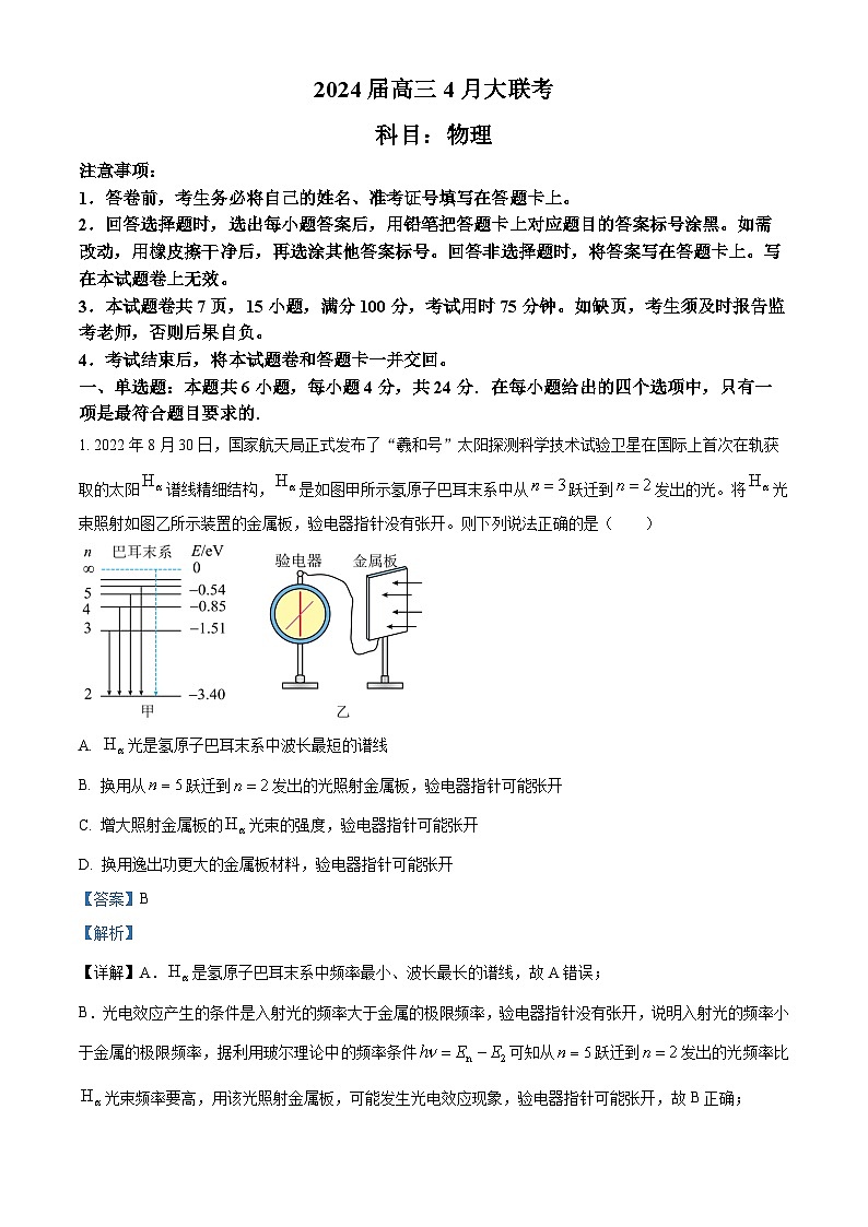 2024湖南省多校高三下学期4月大联考物理试题含解析01