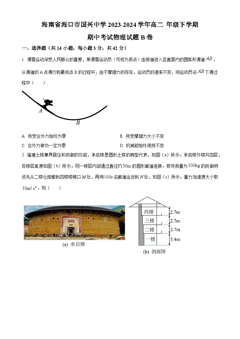 海南省国兴中学2023-2024学年高二下学期期中考试物理试题(B)(原卷版+解析版)01
