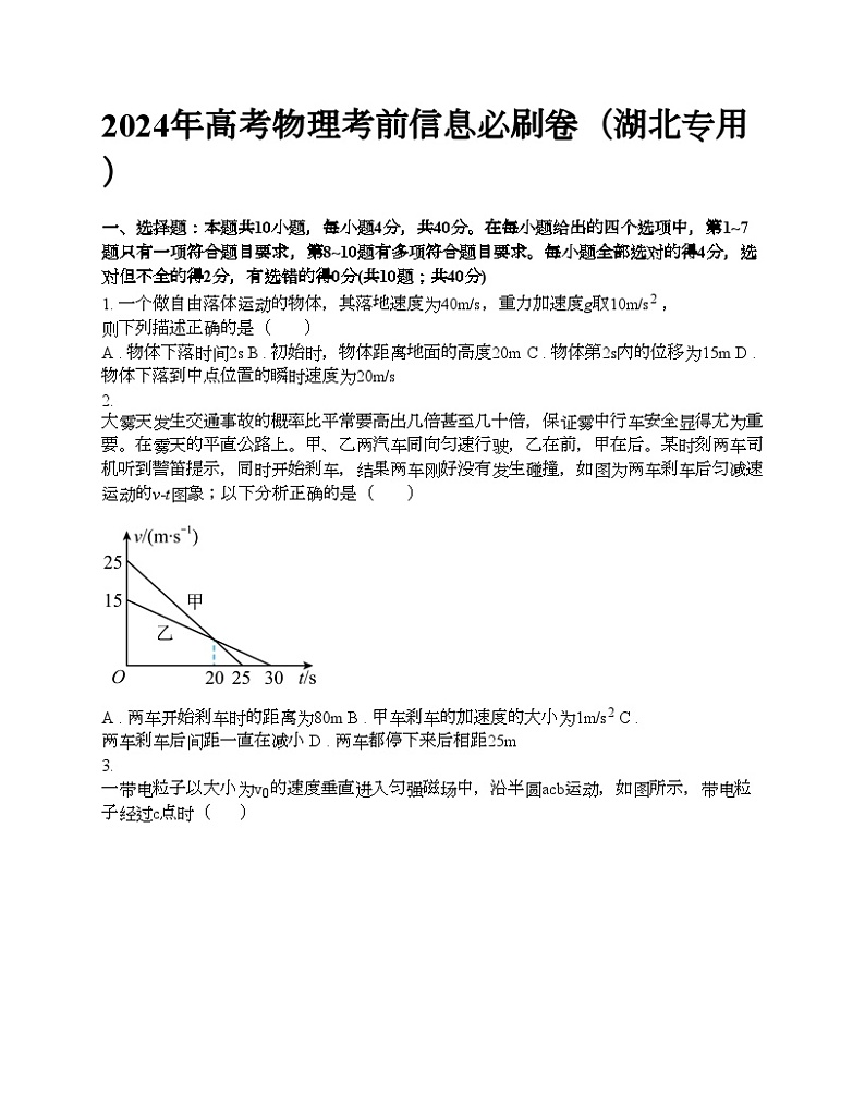 2024年高考物理考前信息必刷模拟卷(湖北专用)第1页