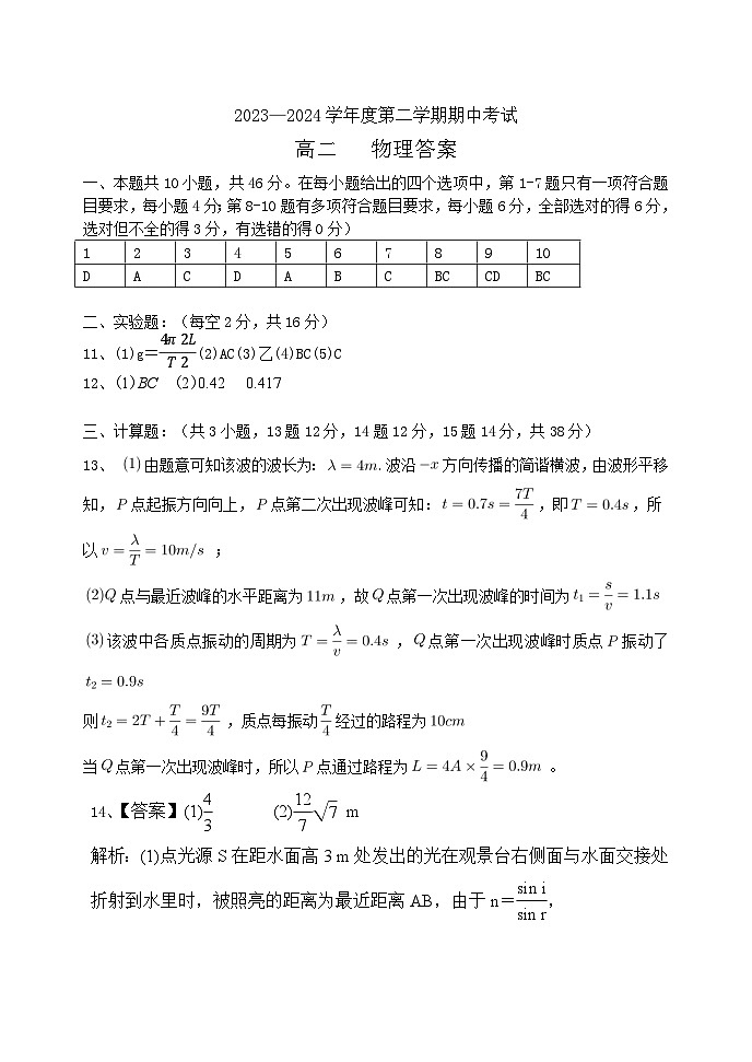 高二学年物理答案第1页