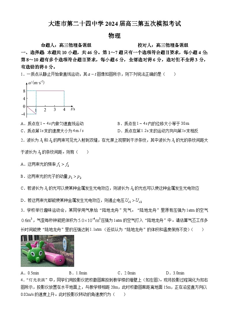 2024届辽宁省大连市第二十四中学高三下学期第五次模拟考试物理试卷第1页