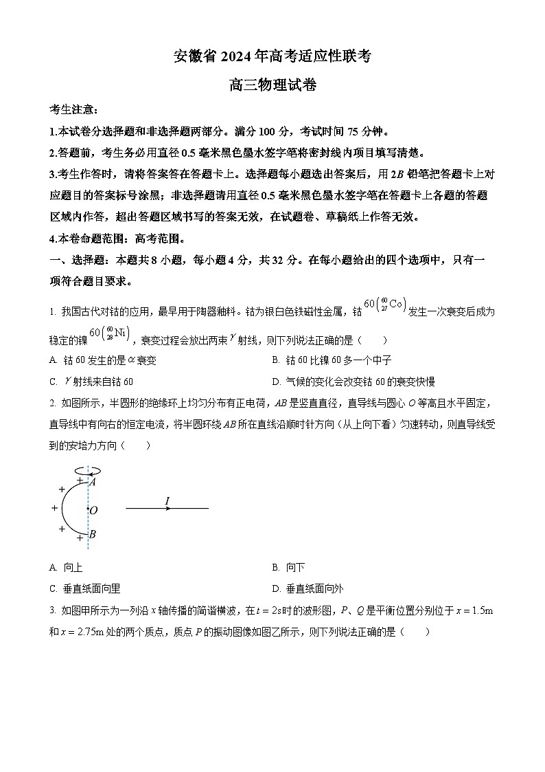 2024届安徽省合肥市高三下学期适应性联考(三模)物理试题(原卷版)第1页