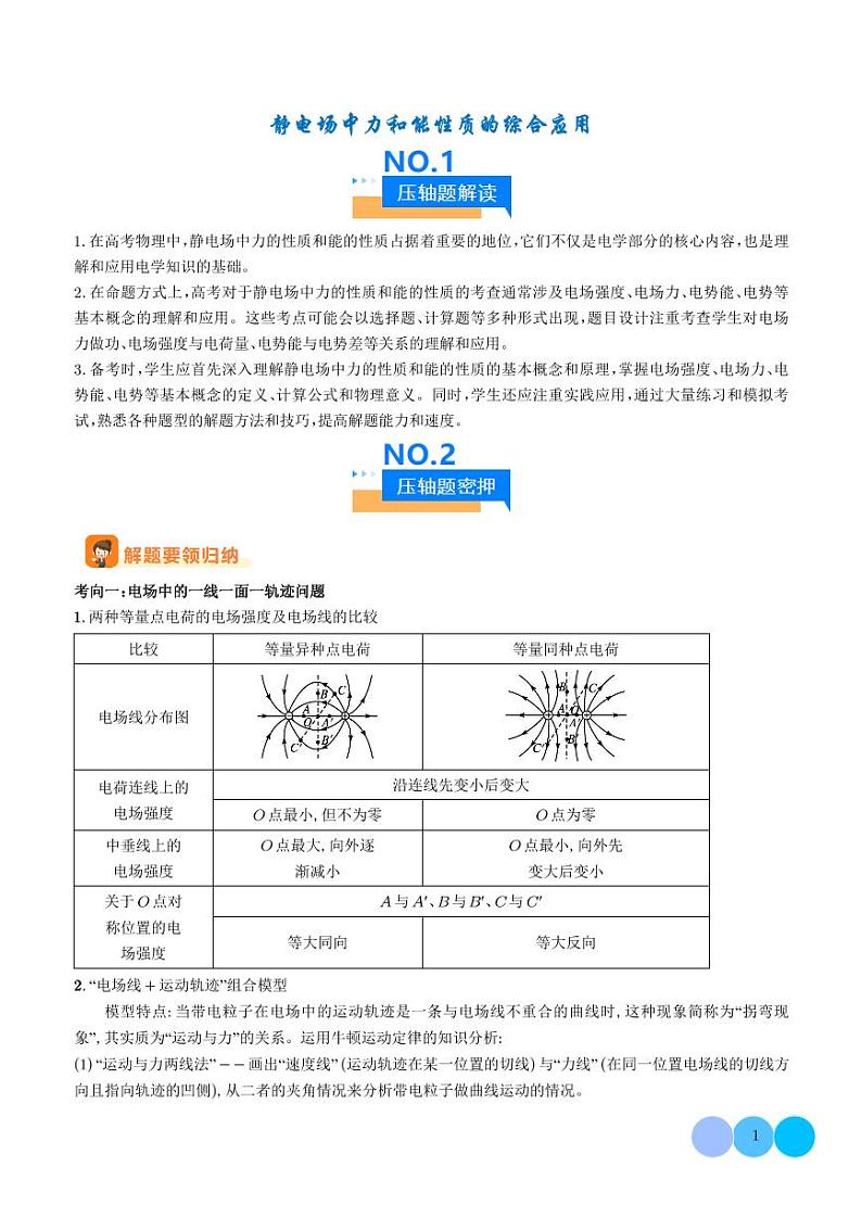 静电场中力和能性质的综合应用-2024年高考物理压轴题专项训练01