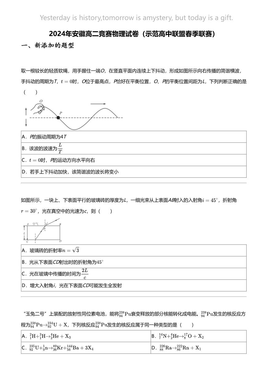 2024年安徽高二竞赛物理试卷（示范高中联盟春季联赛）