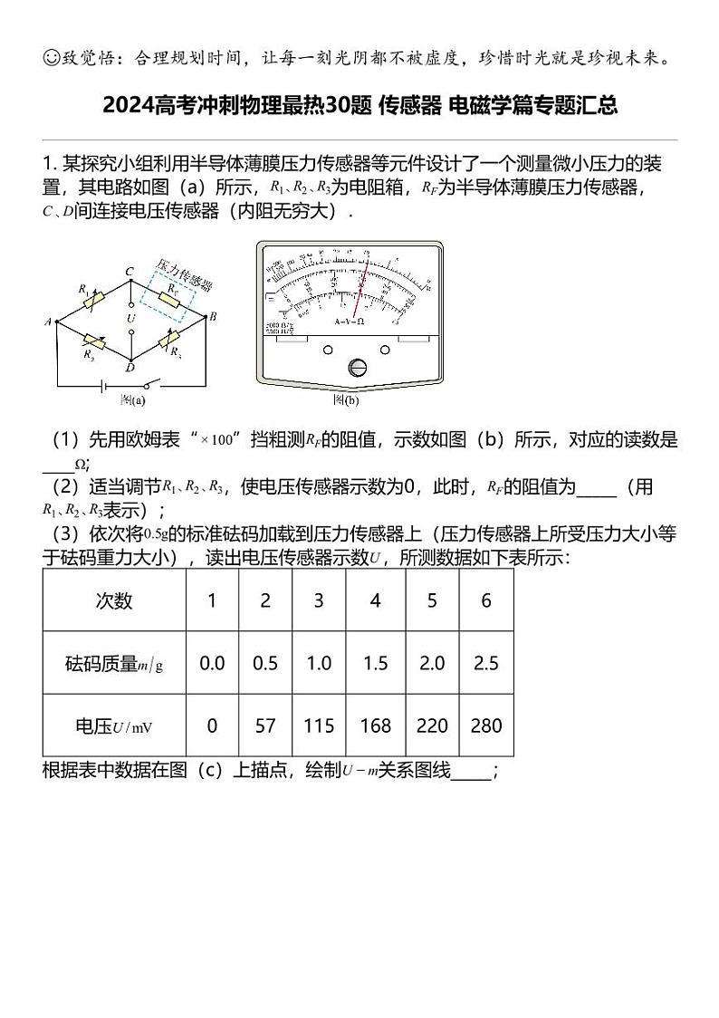 2024高考冲刺物理最热30题 传感器 电磁学篇专题汇总第1页