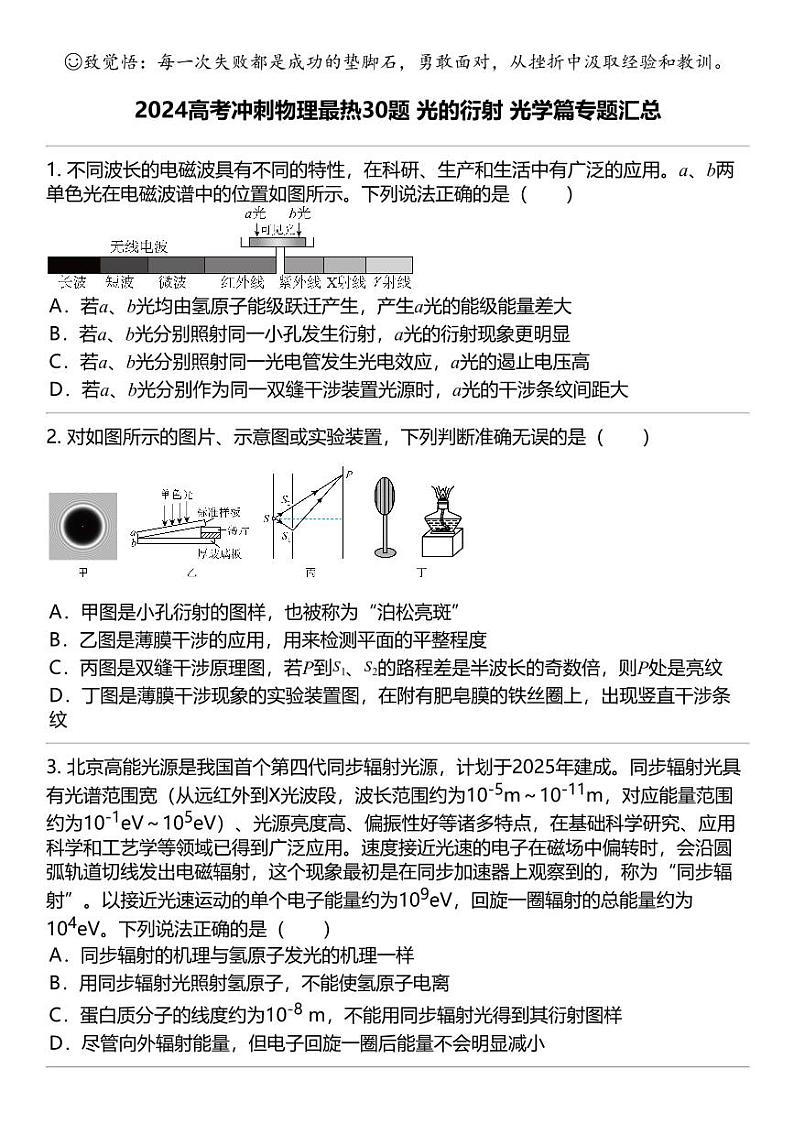 2024高考冲刺物理最热30题 光的衍射 光学篇专题汇总第1页