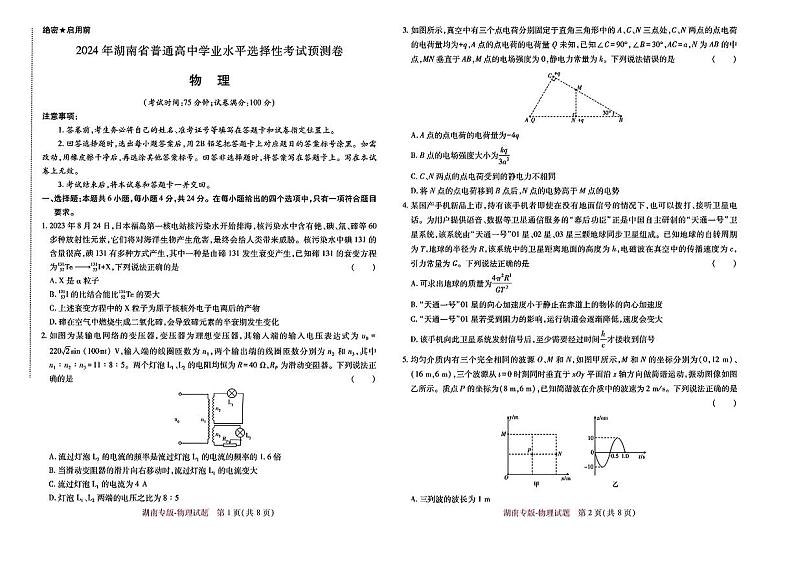 2024届湖南省部分学校高三下学期押题考试物理试题第1页