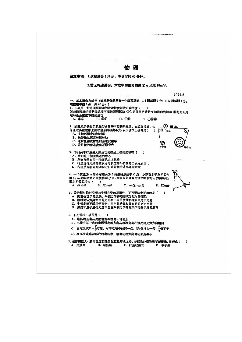 上海市闵行区六校2023-2024学年高一下学期6月期末联考物理试题01