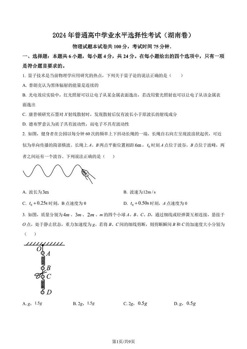 2024年高考湖南卷物理真题第1页