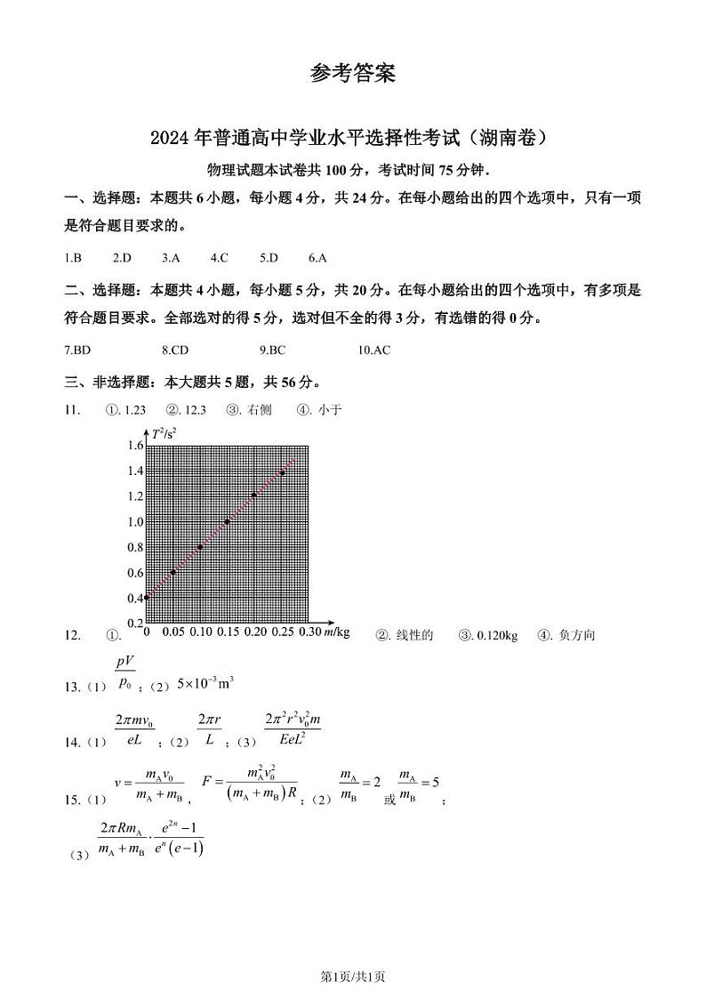 2024年高考湖南卷物理真题(纯答案版)第1页