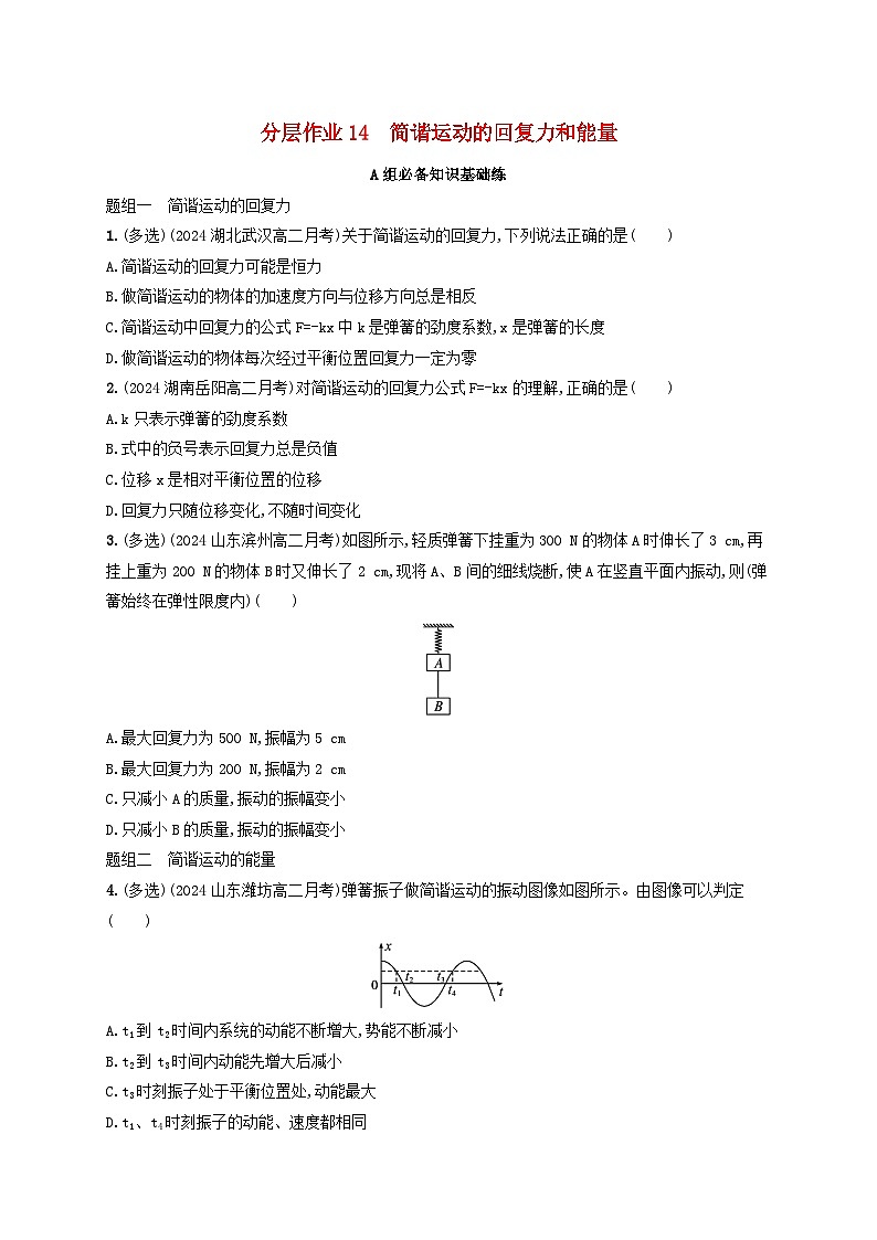 2024_2025学年新教材高中物理第2章机械振动分层作业14简谐运动的回复力和能量新人教版选择性必修第一册第1页
