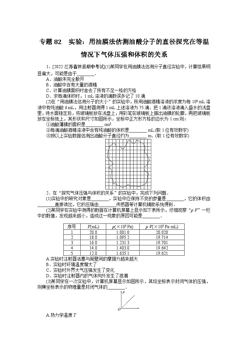2024年《微专题·小练习》·高考物理·新教材专题82 实验:用油膜法估测油酸分子的直径探究在等温情况下气体压强和体积的关系第1页