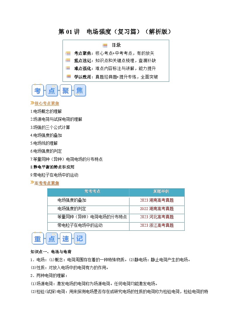 第01讲 电场强度(原卷版) (自主复习)2024年新高二物理暑假提升精品讲义(人教版2019)第1页