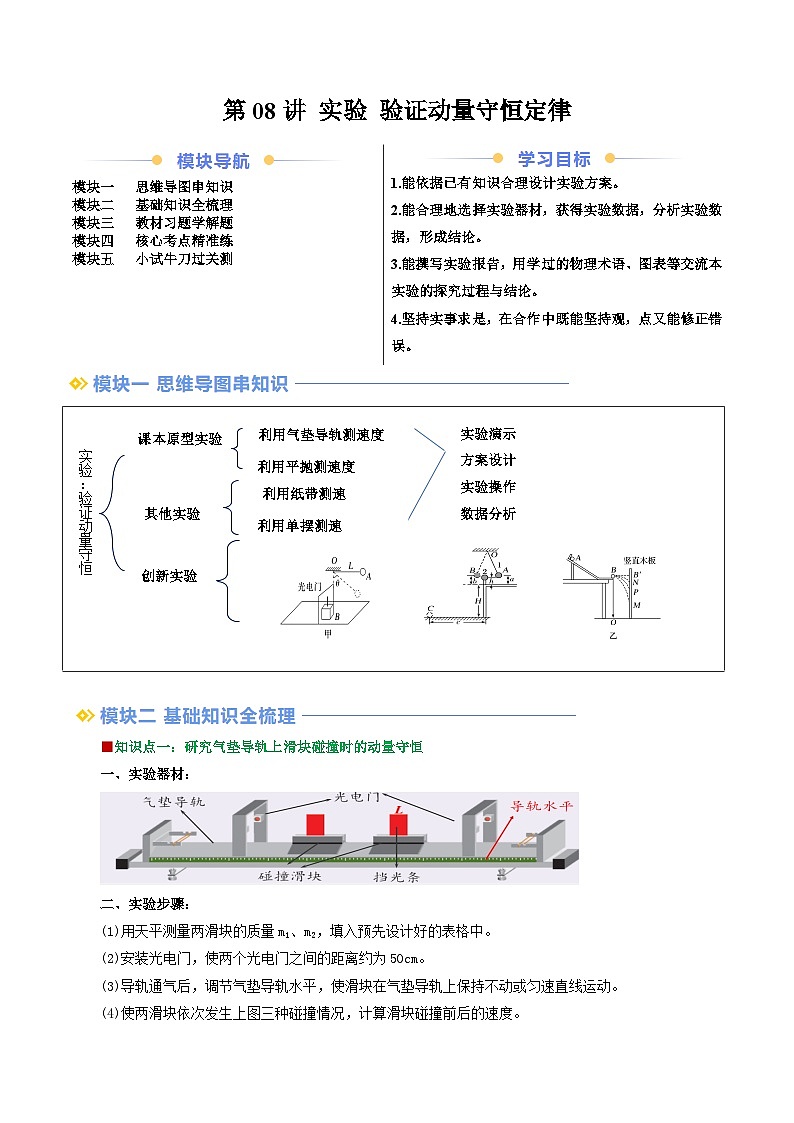 第08讲 实验 验证动量守恒定律(原卷版)(自主预习) 2024年新高二物理暑假提升精品讲义(人教版2019)第1页
