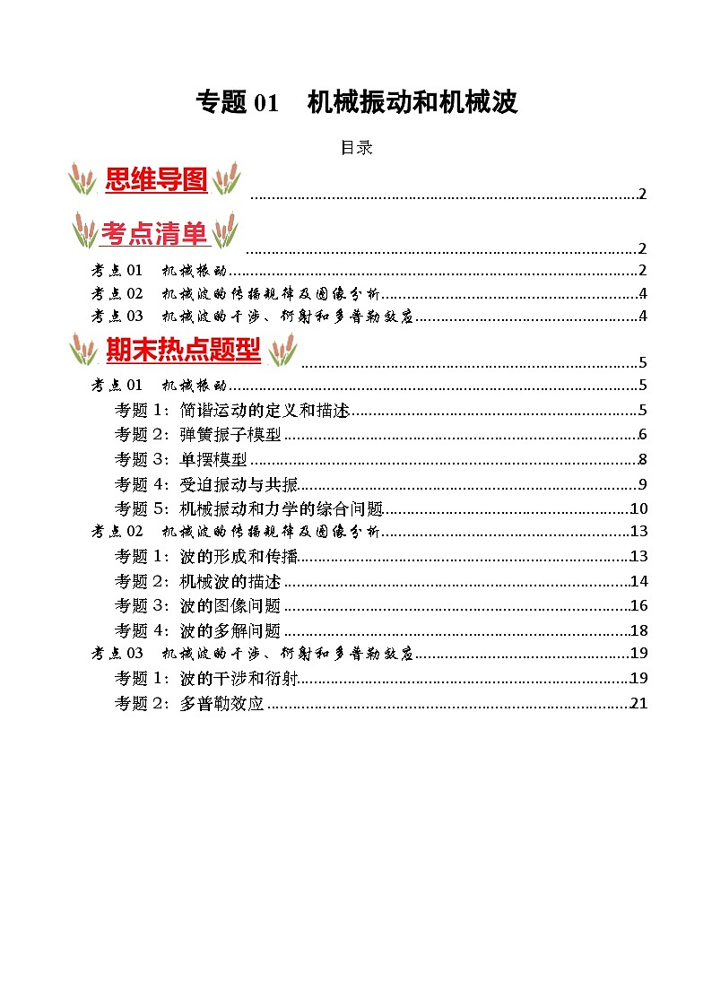 考点清单 专题01 机械振动和机械波(原卷版+解析版)2023-2024学年高二物理下学期期末考点大串讲(人教版2019)01
