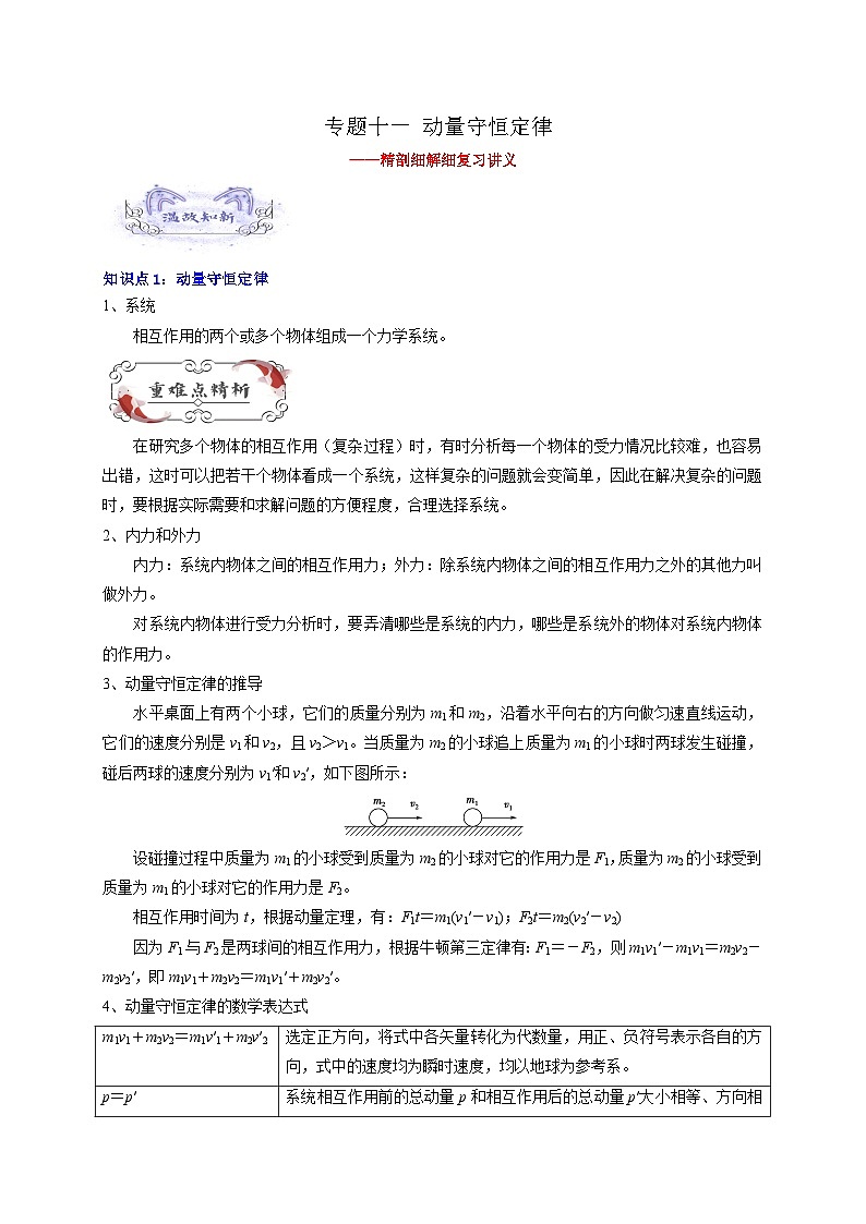 【暑假衔接】高中物理新高三(高二升高三)暑假自学讲义 专题11 动量守恒定律(教师版)第1页