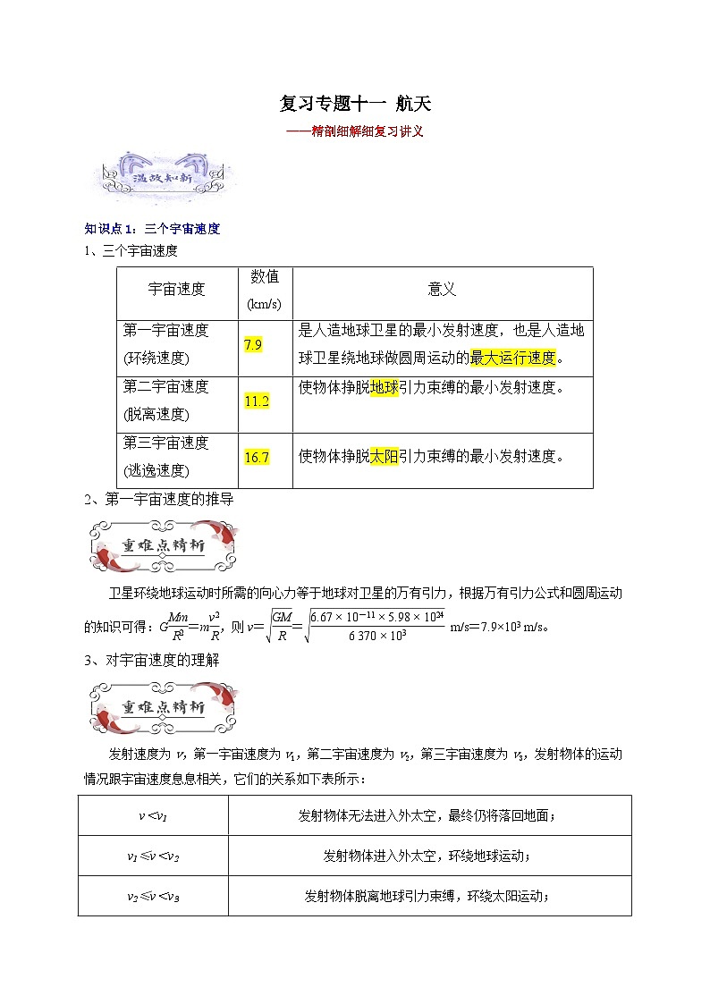【暑假衔接】人教版新高二物理 暑假衔接讲义 第13讲 复习专题十一 航天(教师版)第1页
