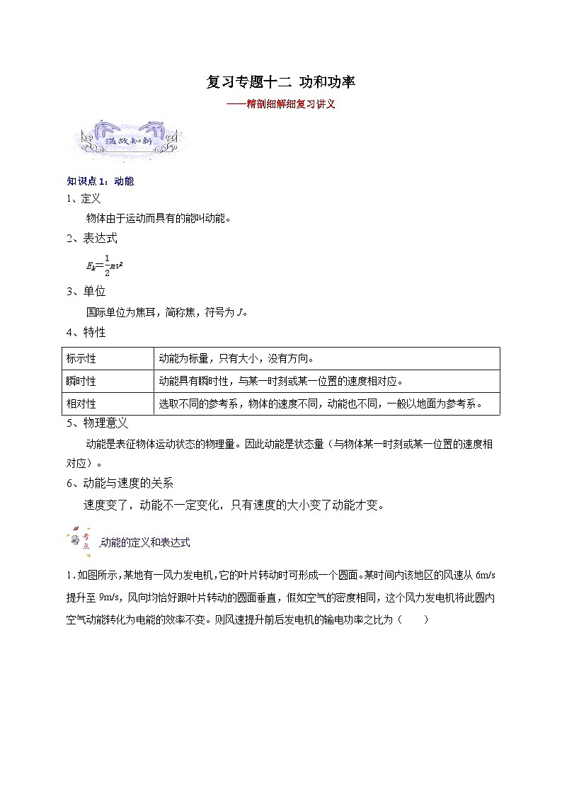 【暑假衔接】人教版新高二物理 暑假衔接讲义 第16讲 复习专题十三 动能定理(学生版)第1页
