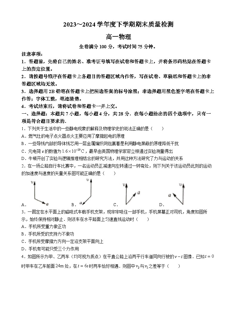 山西省长治市上党联盟2023-2024学年高一下学期7月期末物理试题(无答案)第1页