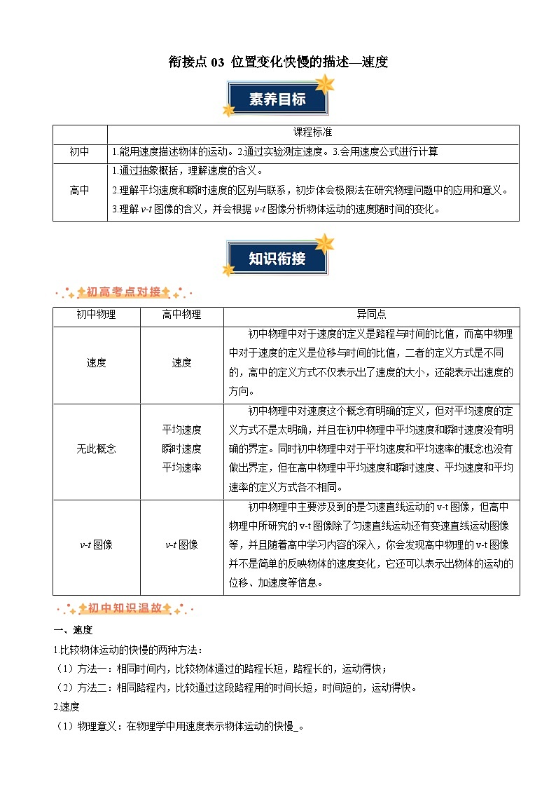 衔接点03 位置变化快慢的描述—速度(含答案)2024年初升高物理无忧衔接学案(通用版)01
