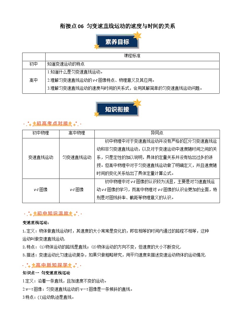 衔接点06 匀变速直线运动的速度与时间的关系(含答案)2024年初升高物理无忧衔接学案(通用版)01