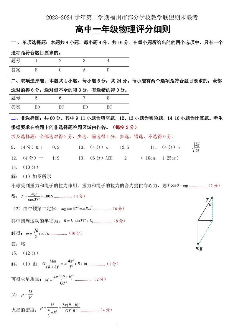 福州市部分学校教学联盟2物理试题评分细则第1页