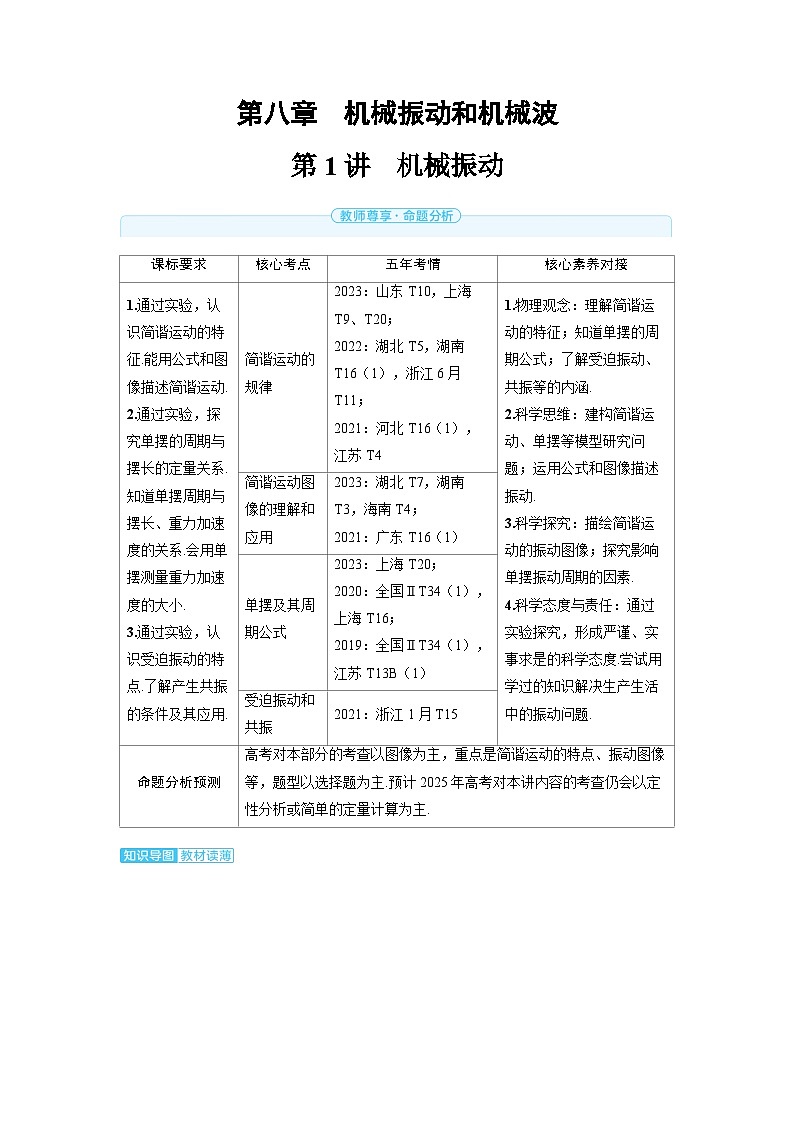 2025年高考物理一轮复习讲义学案 第八章 机械振动和机械波 第一讲 机械振动第1页