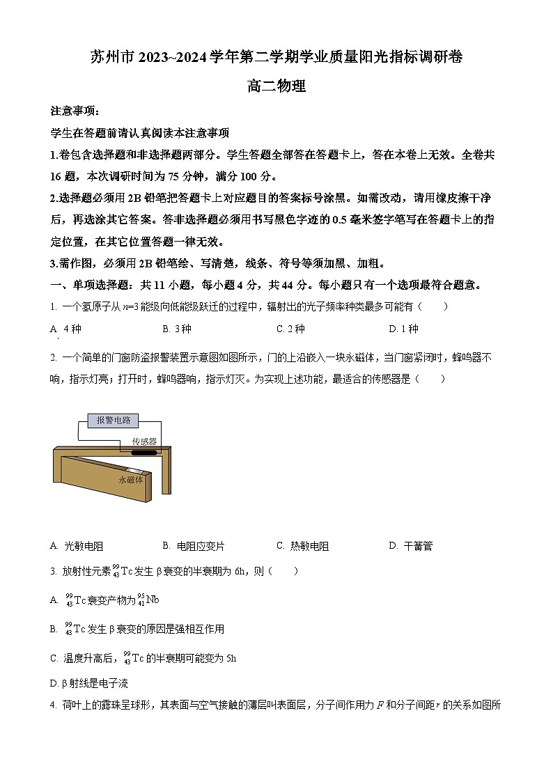 2024苏州高二下学期6月期末考试物理含解析01