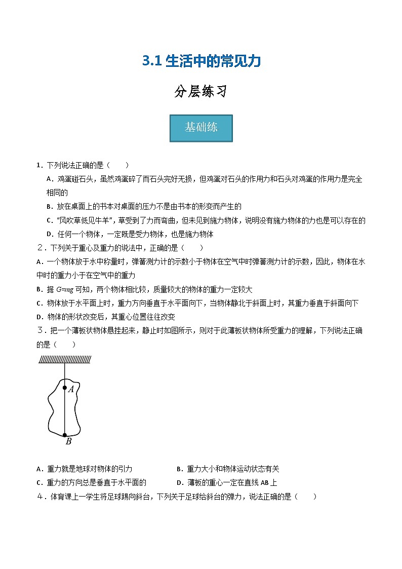 3.1生活中的常见力(分层练习)(原卷版) 第1页