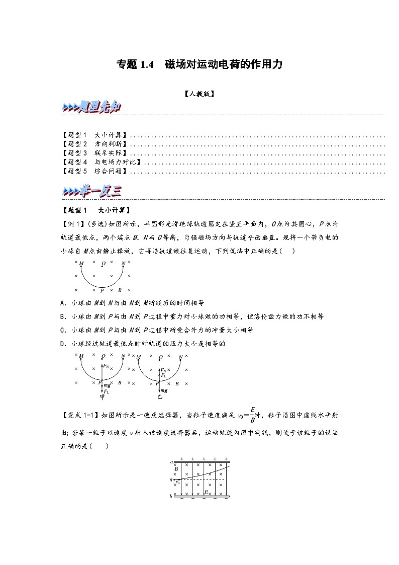 高二物理专题特训(人教版2019选择性必修第二册)专题1.4磁场对运动电荷的作用力(原卷版+解析)01