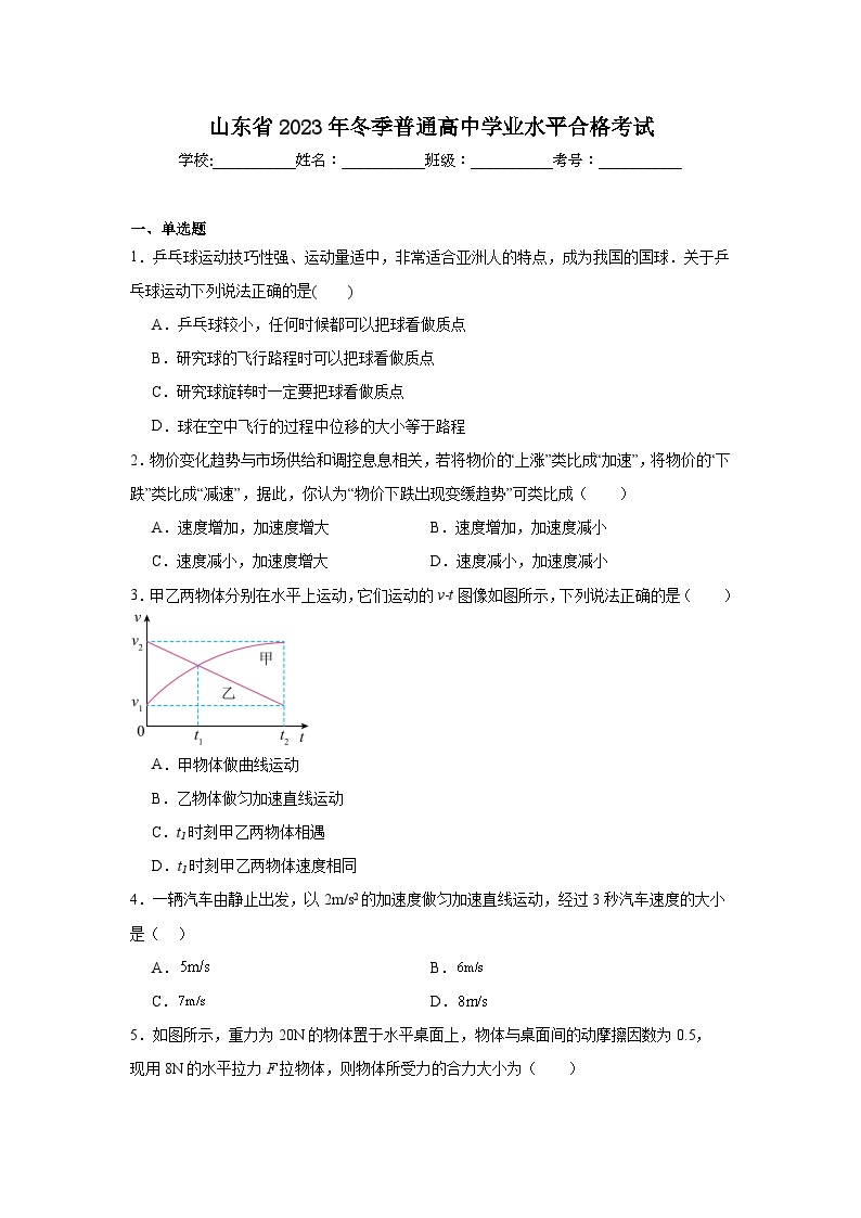 高中物理山东省2023年冬季普通高中学业水平合格考试模拟试题含解析答案