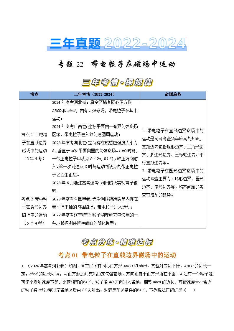 专题22带电粒子在磁场中的运动-三年（2022-2024）高考物理真题分类汇编（全国通用）